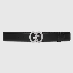 Gucci GG Unisex Buckle Wide Belt Black Leather Double G 4 CM Width