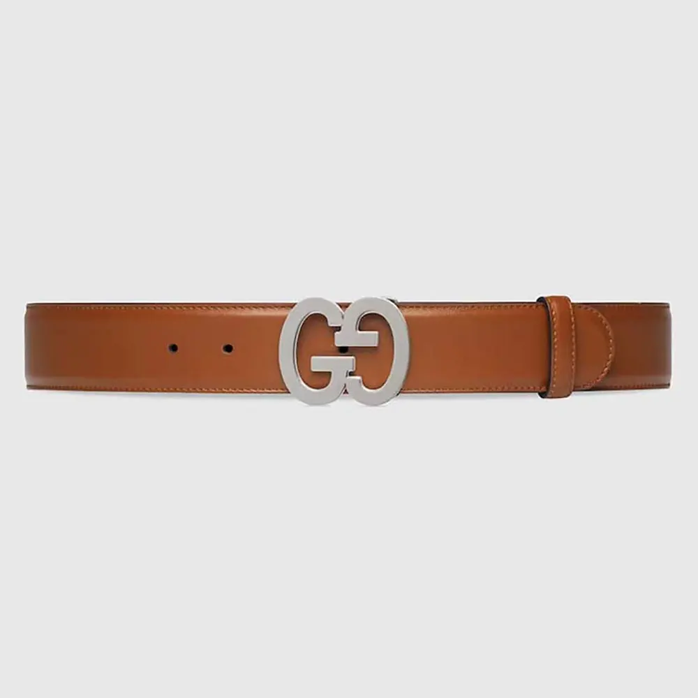 Gucci GG Unisex Buckle Wide Belt Brown Leather Double G 4 CM Width