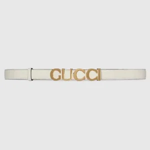Gucci Unisex Buckle Thin Belt White Leather Gold-Toned Hardware 2 CM Width