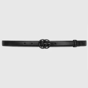 Gucci Unisex GG Marmont Thin Belt Black Leather Double G Buckle 2 cm Width