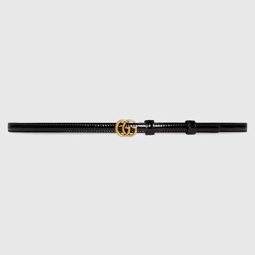 Gucci Unisex GG Thin Patent Double G Belt Black Leather 1.3 CM Width