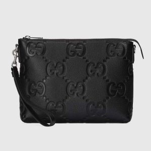 Gucci Unisex Jumbo GG Medium Messenger Bag Black Leather Zip Closure