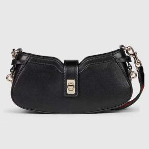 Gucci Women GG Moon Side Mini Shoulder Bag Black Leather Turn Lock 786015