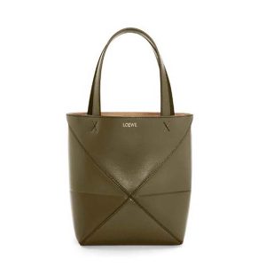 Loewe Unisex Mini Puzzle Fold Tote in Shiny Calfskin-Dark Green A657V25X01