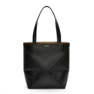 Loewe Unisex Puzzle Fold Tote in Shiny Calfskin-Black A657G50X01
