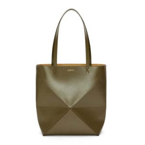 Loewe Unisex Puzzle Fold Tote in Shiny Calfskin-Dark Green A657G50X01
