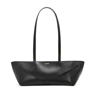 Loewe Women Cropped Puzzle Fold Bag in Shiny Calfskin-Black