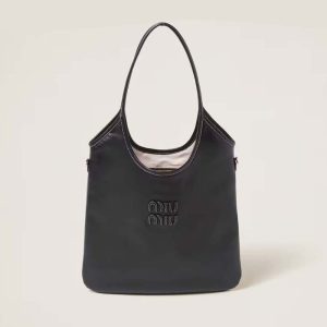 Miu Miu Women IVY Leather Bag with Leather Lettering Logo-Black