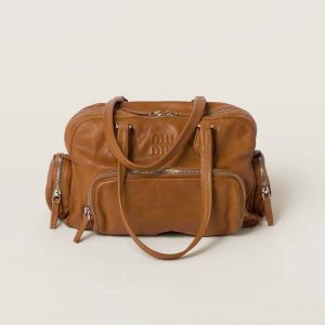 Miu Miu Women Nappa Leather Top-handle Bag with Embossed Lettering Logo-Brown
