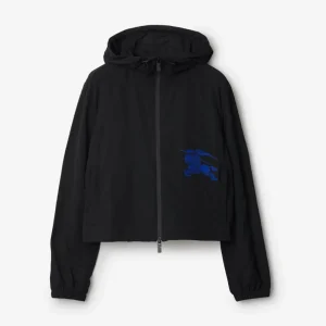 Burberry Men Cropped Nylon Hooded Jacket Black with Equestrian Knight Design