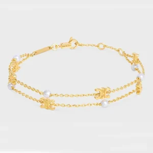 Celine Women Triomphe Pearl Double Gold Bracelet in Brass