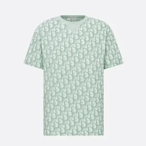 Dior Men Oblique Relaxed-Fit T-Shirt Green and White Terry Cotton Jersey