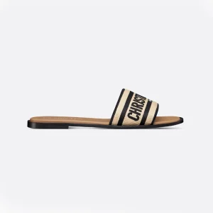 Dior Women Dway Slide Natural Raffia and Black Embroidered Cotton