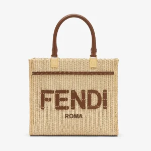 Fendi Women Sunshine Small Natural Raffia and Brown Leather