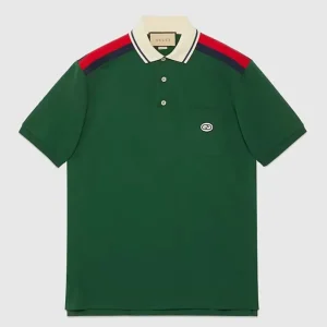 Gucci Men GG Cotton Polo Interlocking G Green Short Sleeves Chest Pocket