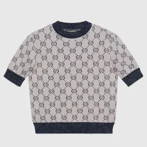 Gucci Men GG Lamé Jacquard Top Cotton Navy Crewneck Short Sleeves