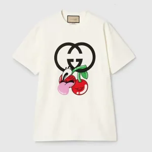 Gucci Women GG Cotton Jersey Printed T-Shirt Beige Crewneck Short Sleeves