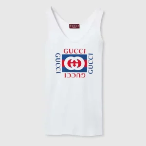 Gucci Women GG Rib Cotton Tank Top Gucci Print White Scoop Neck Sleeveless