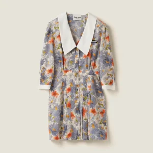 Miu Miu Women Floral Print Pleated Marocain Mini-dress