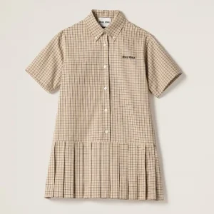 Miu Miu Women Pleated Check Dress with Embroidered Logo