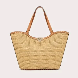 Valentino Women Rockstud Woven Raffia Shopping Bag 4W2B0N30MZI