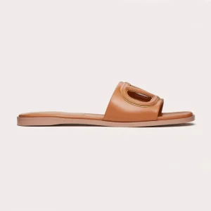 Valentino Women Vlogo Cut-out Calfskin Slide Sandal Brown