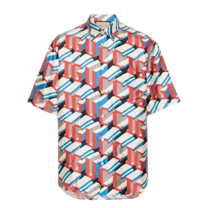 Gucci Men Pixel-print Silk Shirt in Red