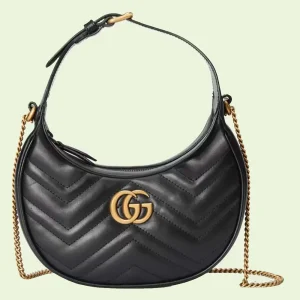 Gucci Women GG Marmont Half-Moon-Shaped Mini Bag Black Matelassé Chevron