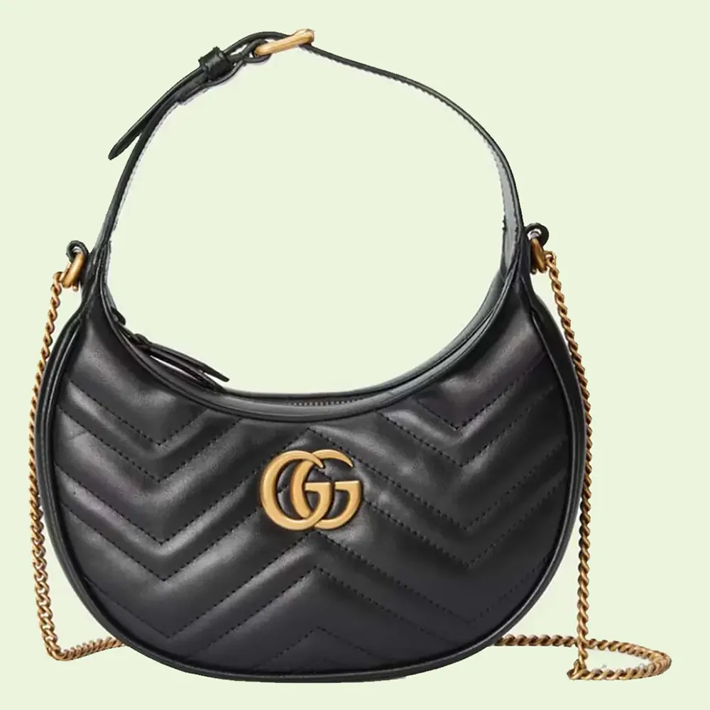 Gucci Women GG Marmont Half-Moon-Shaped Mini Bag Black Matelassé Chevron