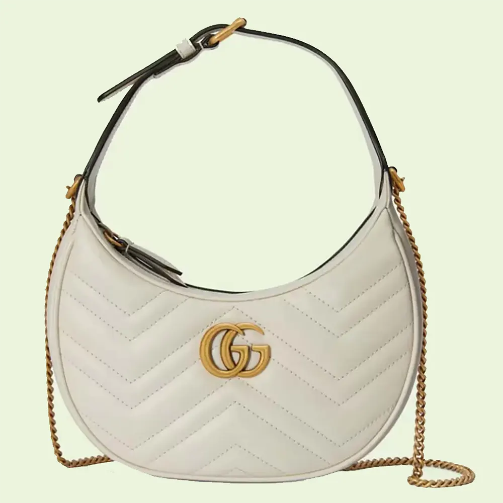 Gucci Women GG Marmont Half-Moon-Shaped Mini Bag White Matelassé Chevron