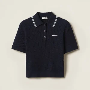 Miu Miu Women Cotton Crocheted Polo Shirt in Blue
