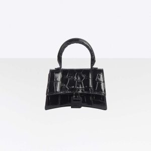 Balenciaga Women Hourglass Mini Top Handle in Black Shiny Crocodile Embossed Calfskin