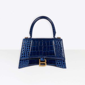 Balenciaga Women Hourglass Small Top Handle Bag in Navy Crocodile Embossed Calfskin