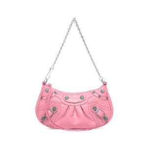 Balenciaga Women Le Cagole Mini Purse With Chain Crocodile Embossed-Pink