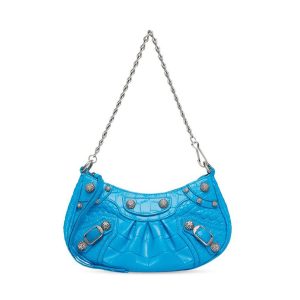 Balenciaga Women Le Cagole Mini Purse with Chain Crocodile Embossed with Rhinestones-Blue