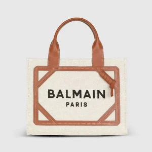 Balmain Women B-Army Small Canvas Shopping Bag with Leather Inserts CN1FE809TDCS