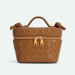 Bottega Veneta Women Mini Intrecciato Leather Vanity Case with Cross-Body Strap-Brown