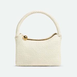 Bottega Veneta Women Tosca Shoulder Bag with Metallic Sphere Closure Woven-White