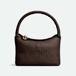 Bottega Veneta Women Tosca Shoulder Bag with Metallic Sphere Closure Woven-Tan