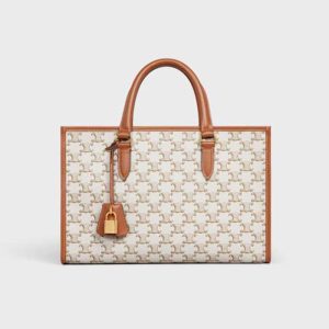 Celine Women Mini Horizontal Cabas in Triomphe Canvas and Calfskin-Beige