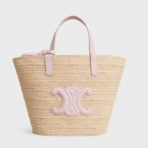 Celine Women Teen Supple Celine Classic Panier in Raffia and Calfskin-Pink