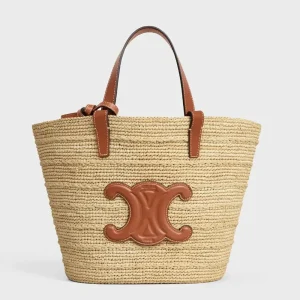 Celine Women Teen Supple Celine Classic Panier in Raffia and Calfskin-Tan
