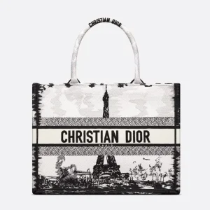 Dior Women Medium Dior Book Tote White and Black Paris Embroidery