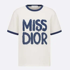 Dior Women T-Shirt White Cotton and Linen Jersey with Blue Miss Dior Graffiti Motif