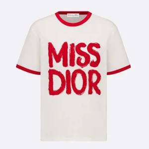 Dior Women T-Shirt White Cotton and Linen Jersey with Red Miss Dior Graffiti Motif