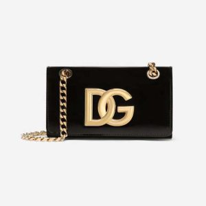 Dolce Gabbana D&G Women Polished Calfskin 3.5 Phone Bag-Black