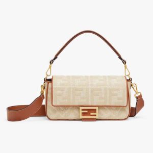 Fendi Women Baguette Natural Straw Bag with FF Embroidery