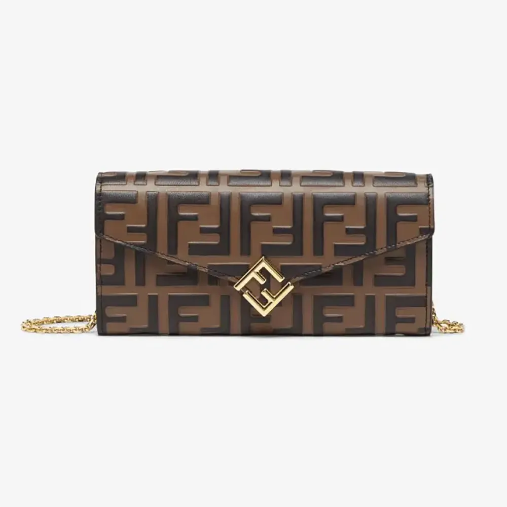 Fendi Women FF Diamonds Continental With Chain Brown and Black FF Leather Wallet
