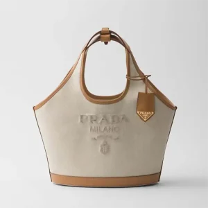 Prada Women Medium Linen Blend and Leather Tote Bag 1BG4712DLIF0018VOAH