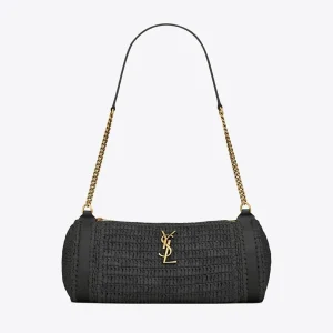 Saint Laurent YSL Women Cassandre Small Cylinder Bag in Raffia and Vegetable-tanned Leather